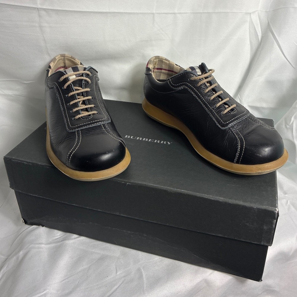 Burberry Black Leather Nova Check Trim Low Top Sneakers Shoes Size 35